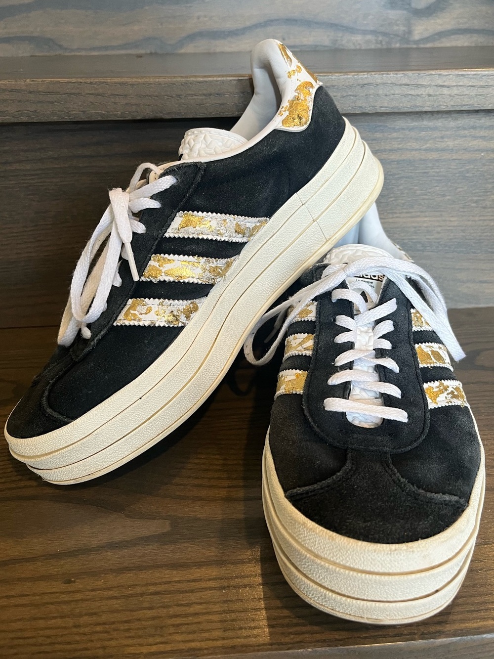 Adidas Gazelle Bold Black Suede with Metallic Gold Women’s Size 9